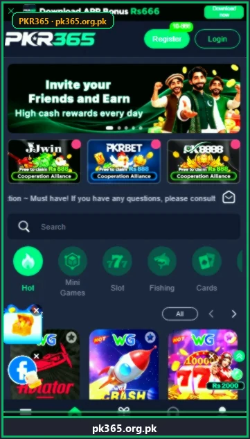 PKR365 Game Android lobby — hot games, slots, fishing, and cards